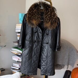 Women Sheep Leather Black Quilted Coat with Real Fur Collar size M fits S